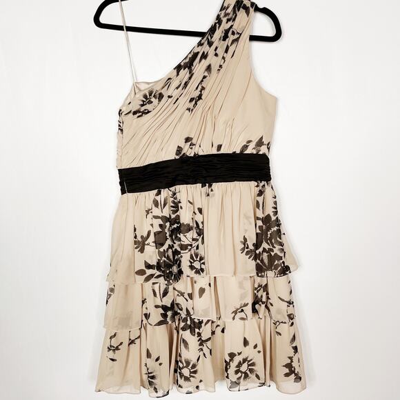 Max and Cleo Size 10 Cream Black One Shoulder Floral Dress Pleated Cocktail Tier - Picture 2 of 11